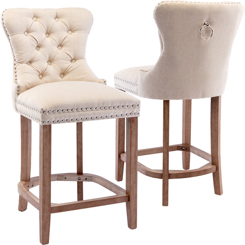 RIVOVA Set of 2 Mid Century Velvet Upholstered Tufted Counter Stools, French Bar Stools with Pull Ring and Nailhead Trims - 5505