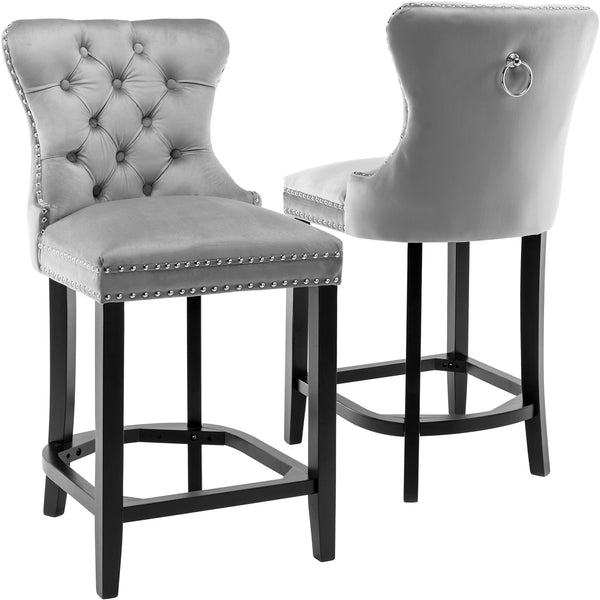 RIVOVA Set of 2 Mid Century Velvet Upholstered Tufted Counter Stools, French Bar Stools with Pull Ring and Nailhead Trims - 5505