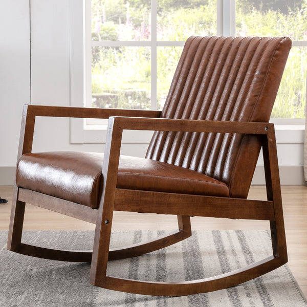 Wahson Office Chairs Mid Century Nursery Rocking Chair with Wood Frames, Faux Leather Upholstered Living Room Chair - 3507