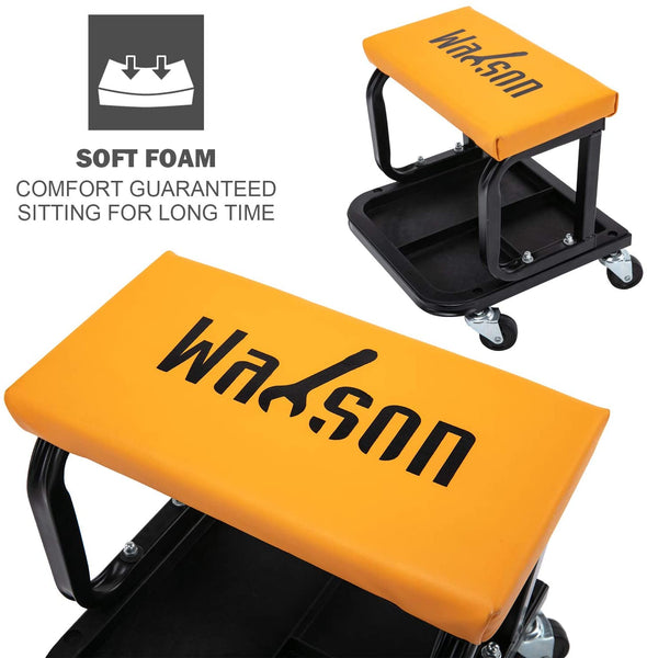 Wahson Office Chairs Garage Roller Seat, Upgraded Version, Shop Mechanic Stool, with Built-in Tool Tray, 300 lbs Capacity