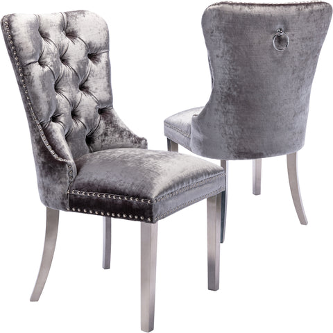RIVOVA Set of 2 Velour Button Tufted Wingback French Dining Room Chairs with Stainless Steel Legs -1029