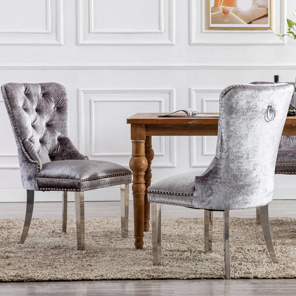 RIVOVA Set of 2 Velour Button Tufted Wingback French Dining Room Chairs with Stainless Steel Legs -1029