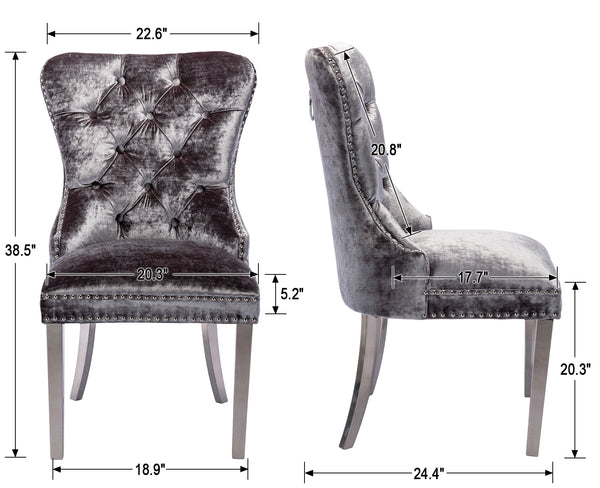 RIVOVA Set of 2 Velour Button Tufted Wingback French Dining Room Chairs with Stainless Steel Legs -1029