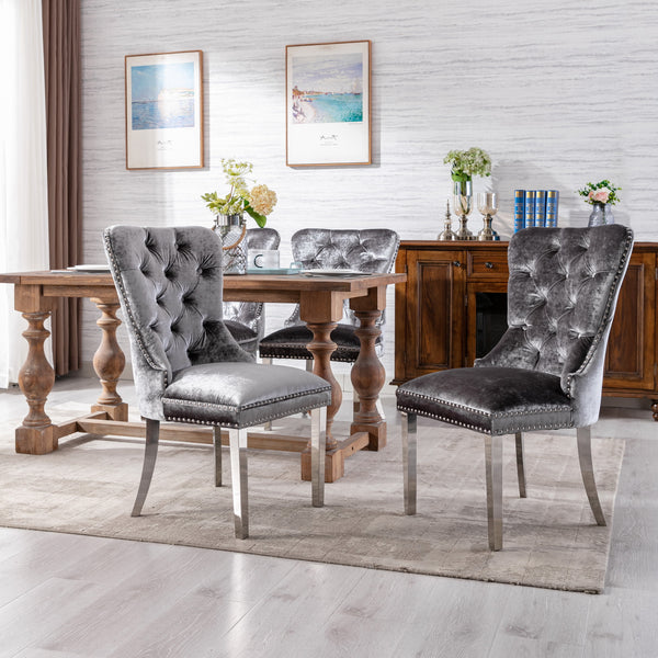 RIVOVA Set of 2 Velour Button Tufted Wingback French Dining Room Chairs with Stainless Steel Legs -1029