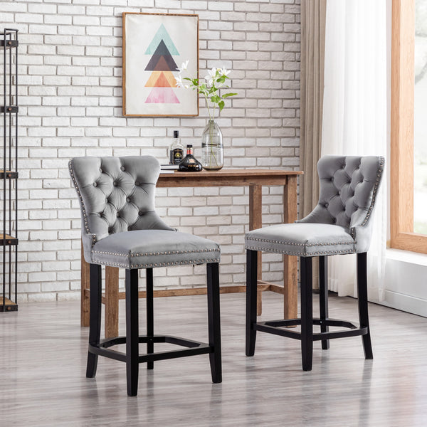 RIVOVA Set of 2 Mid Century Velvet Upholstered Tufted Counter Stools, French Bar Stools with Pull Ring and Nailhead Trims - 5505