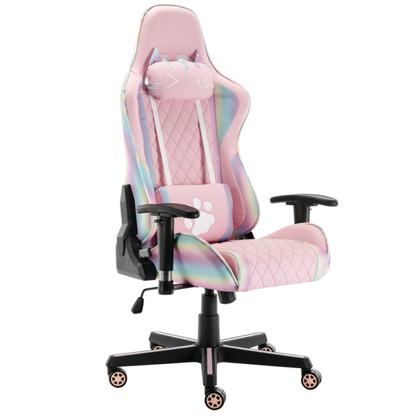 Wahson Office Chairs Computer Gaming Chair, Ergonomic Cute Kitty Cat PC Gamer Chair, for Video Game, Rainbow