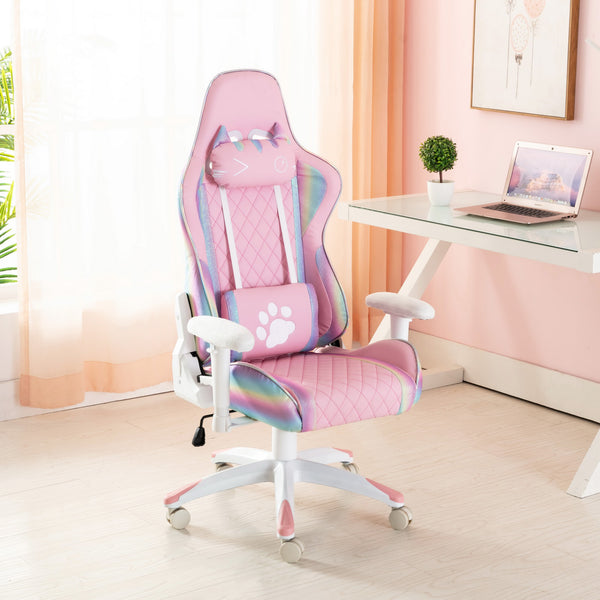 Wahson Office Chairs Computer Gaming Chair, Ergonomic Cute Kitty Cat PC Gamer Chair, for Video Game, Rainbow