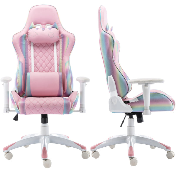 Wahson Office Chairs Computer Gaming Chair, Ergonomic Cute Kitty Cat PC Gamer Chair, for Video Game, Rainbow