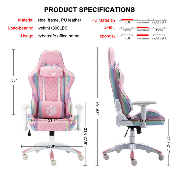 Wahson Office Chairs Computer Gaming Chair, Ergonomic Cute Kitty Cat PC Gamer Chair, for Video Game, Rainbow