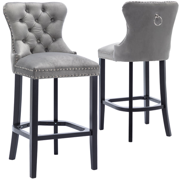 RIVOVA Set of 2 Mid Century Velvet Upholstered Tufted Counter Stools, French Bar Stools with Pull Ring and Nailhead Trims - 5505