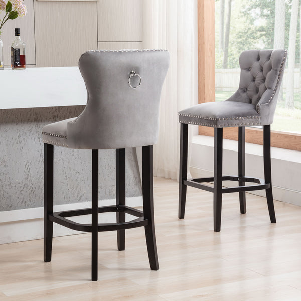 RIVOVA Set of 2 Mid Century Velvet Upholstered Tufted Counter Stools, French Bar Stools with Pull Ring and Nailhead Trims - 5505