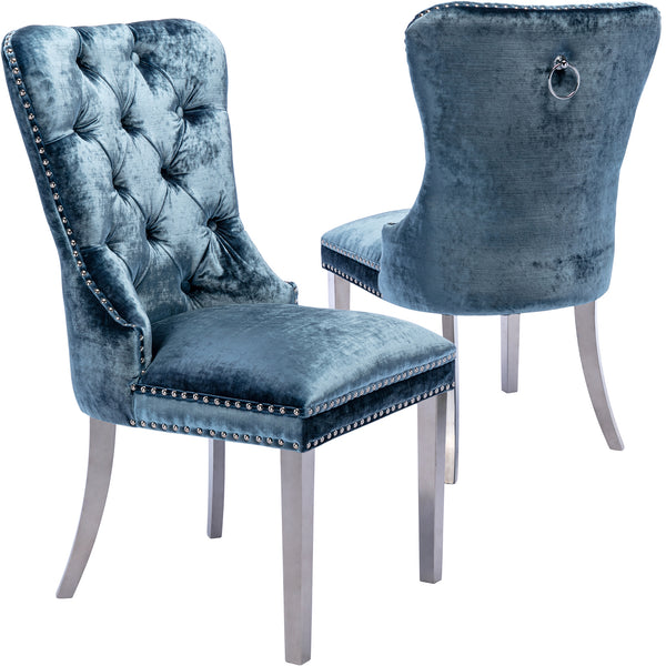 RIVOVA Set of 2 Velour Button Tufted Wingback French Dining Room Chairs with Stainless Steel Legs -1029