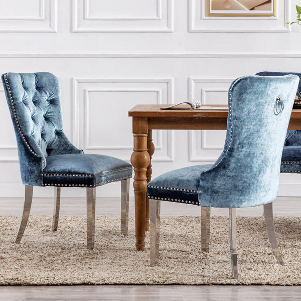 RIVOVA Set of 2 Velour Button Tufted Wingback French Dining Room Chairs with Stainless Steel Legs -1029