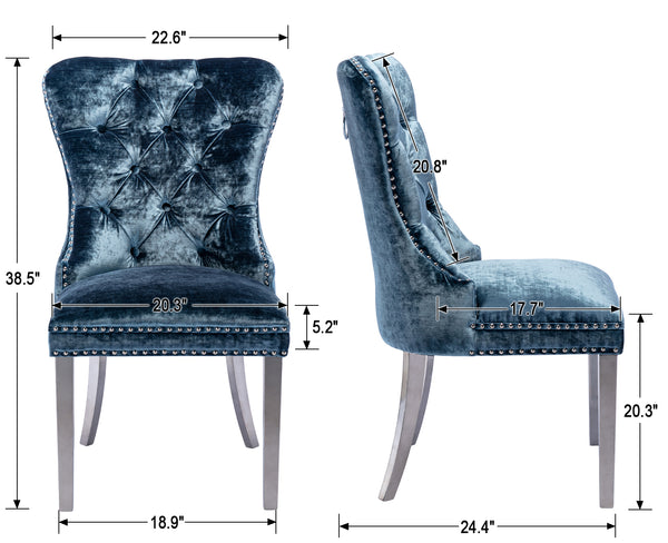 RIVOVA Set of 2 Velour Button Tufted Wingback French Dining Room Chairs with Stainless Steel Legs -1029