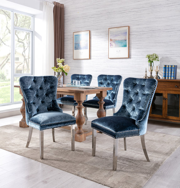 RIVOVA Set of 2 Velour Button Tufted Wingback French Dining Room Chairs with Stainless Steel Legs -1029