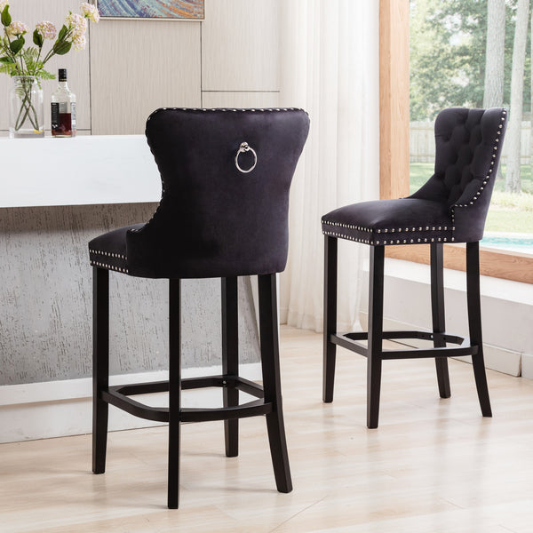 RIVOVA Set of 2 Mid Century Velvet Upholstered Tufted Counter Stools, French Bar Stools with Pull Ring and Nailhead Trims - 5505