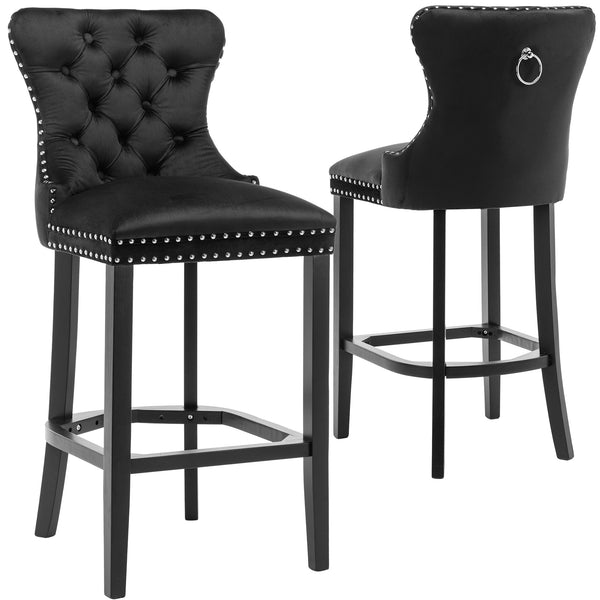 RIVOVA Set of 2 Mid Century Velvet Upholstered Tufted Counter Stools, French Bar Stools with Pull Ring and Nailhead Trims - 5505