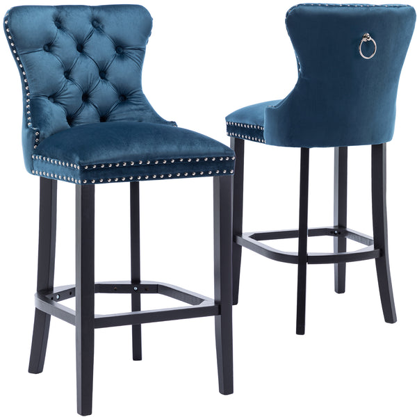 RIVOVA Set of 2 Mid Century Velvet Upholstered Tufted Counter Stools, French Bar Stools with Pull Ring and Nailhead Trims - 5505