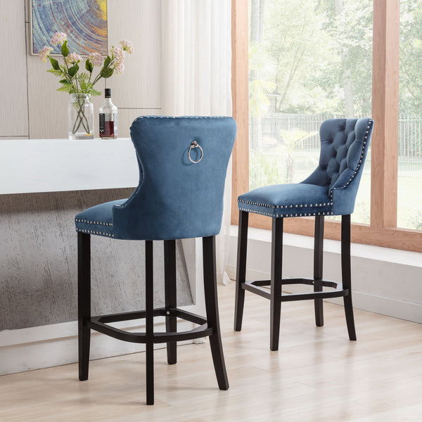 RIVOVA Set of 2 Mid Century Velvet Upholstered Tufted Counter Stools, French Bar Stools with Pull Ring and Nailhead Trims - 5505