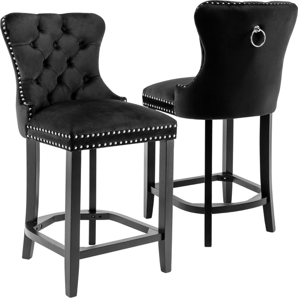 RIVOVA Set of 2 Mid Century Velvet Upholstered Tufted Counter Stools, French Bar Stools with Pull Ring and Nailhead Trims - 5505