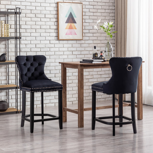 RIVOVA Set of 2 Mid Century Velvet Upholstered Tufted Counter Stools, French Bar Stools with Pull Ring and Nailhead Trims - 5505