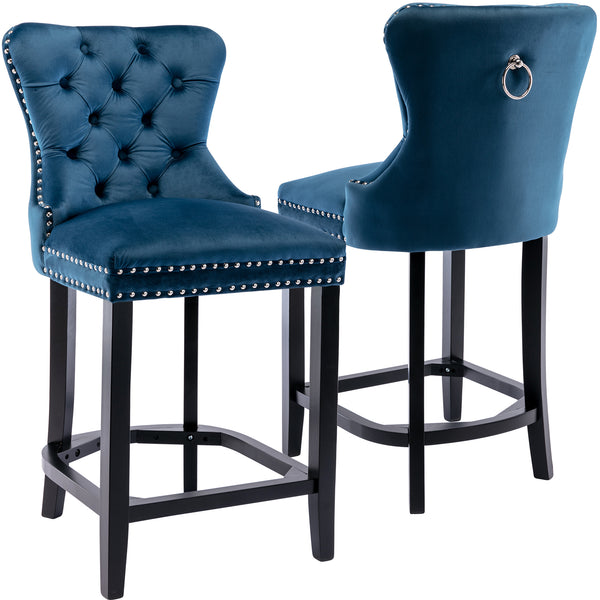 RIVOVA Set of 2 Mid Century Velvet Upholstered Tufted Counter Stools, French Bar Stools with Pull Ring and Nailhead Trims - 5505