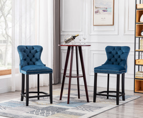 RIVOVA Set of 2 Mid Century Velvet Upholstered Tufted Counter Stools, French Bar Stools with Pull Ring and Nailhead Trims - 5505