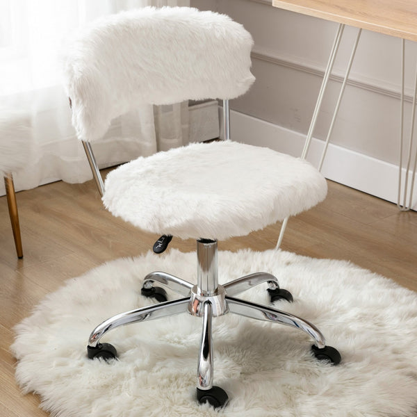 White Home Office Chair Cute Fluffy Armless Task Chair, Vanity Chair with Wheels, Modern Upholstered Comfortable Desk Chair, Adjustable Height Swivel Chairs