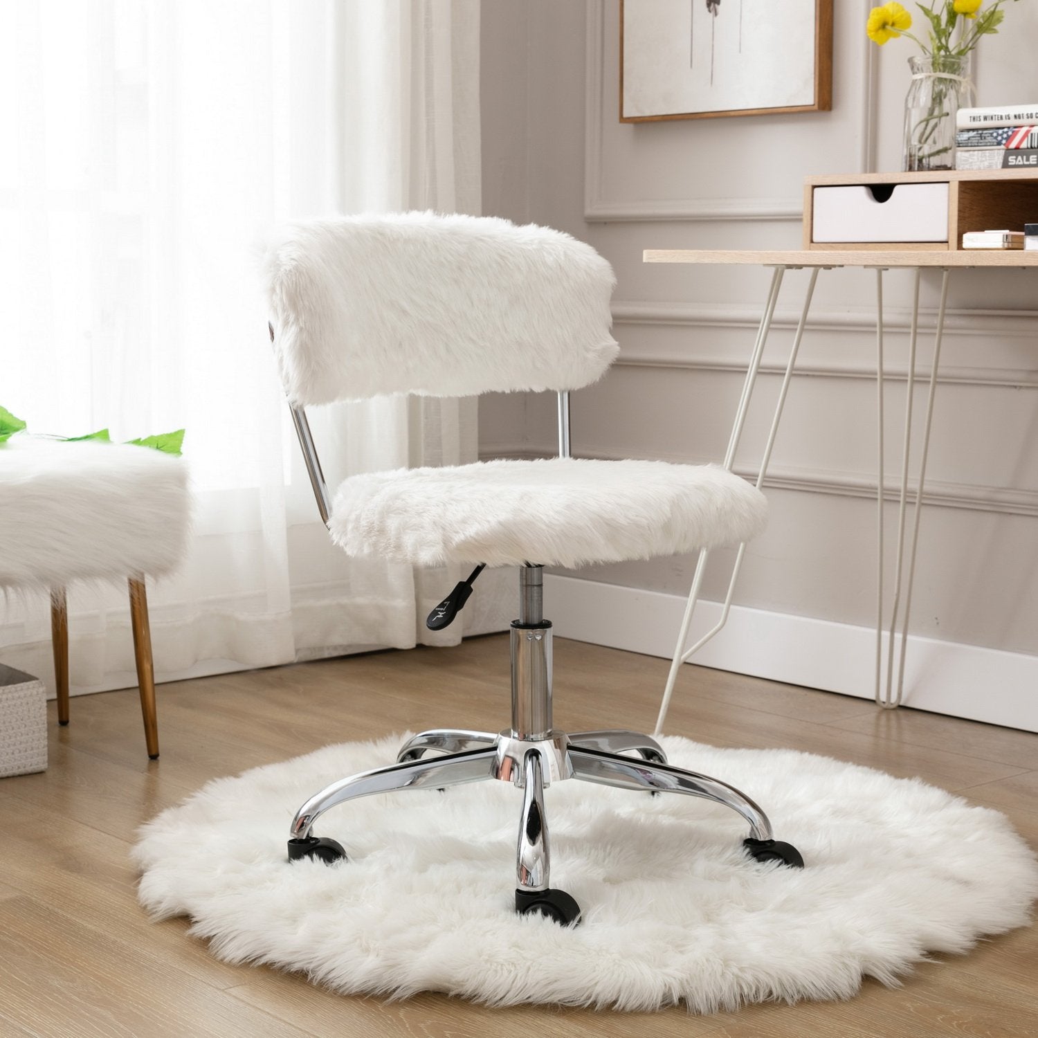White Home Office Chair Cute Fluffy Armless Task Chair, Vanity Chair with Wheels, Modern Upholstered Comfortable Desk Chair, Adjustable Height Swivel Chairs